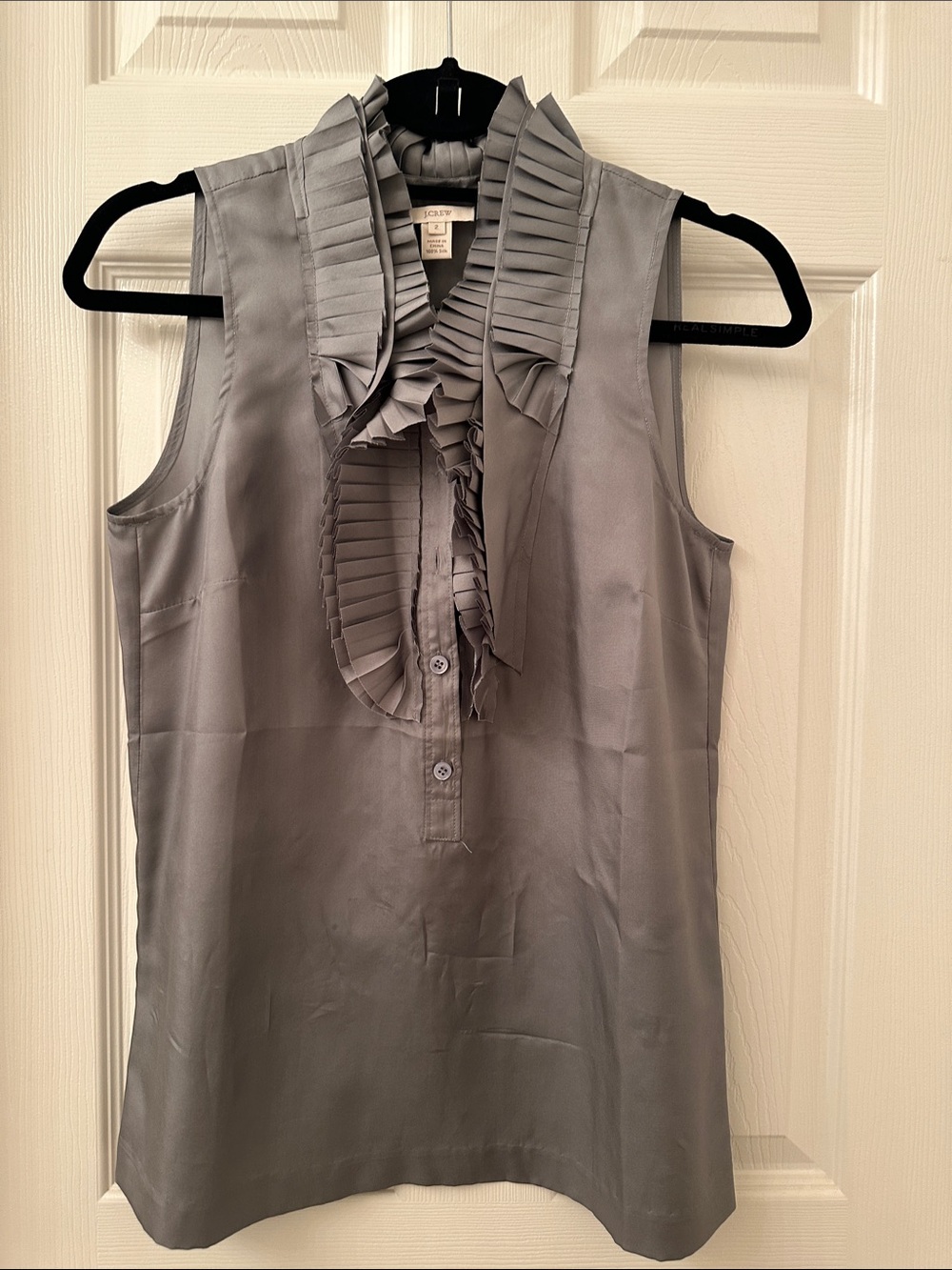 J. Crew Sleeveless Ruffle-Front Sleeveless Blouse - Gray
